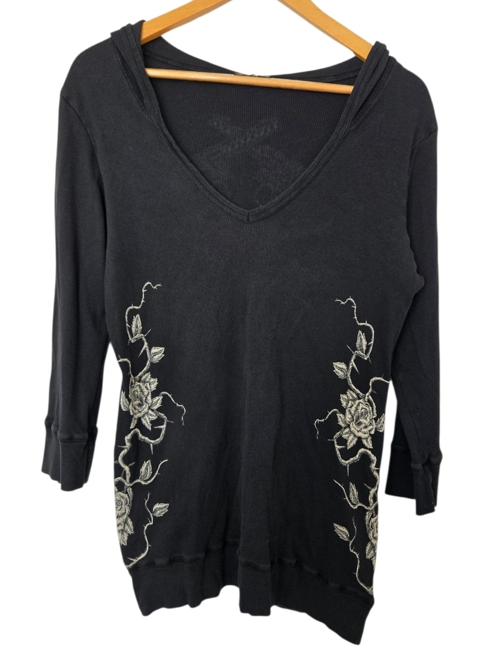 Y2K Angel Wings Hoodie Black Thermal Knit XL Edgy Biker Graphic Top